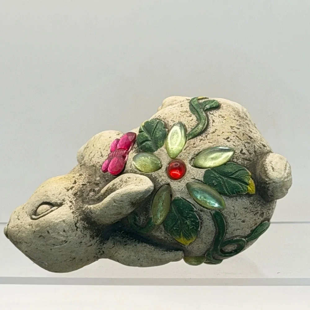 Garden Bunny Rabbit Figurine Stone Look Pink Butterfly Flower Easter Decor 5.5in